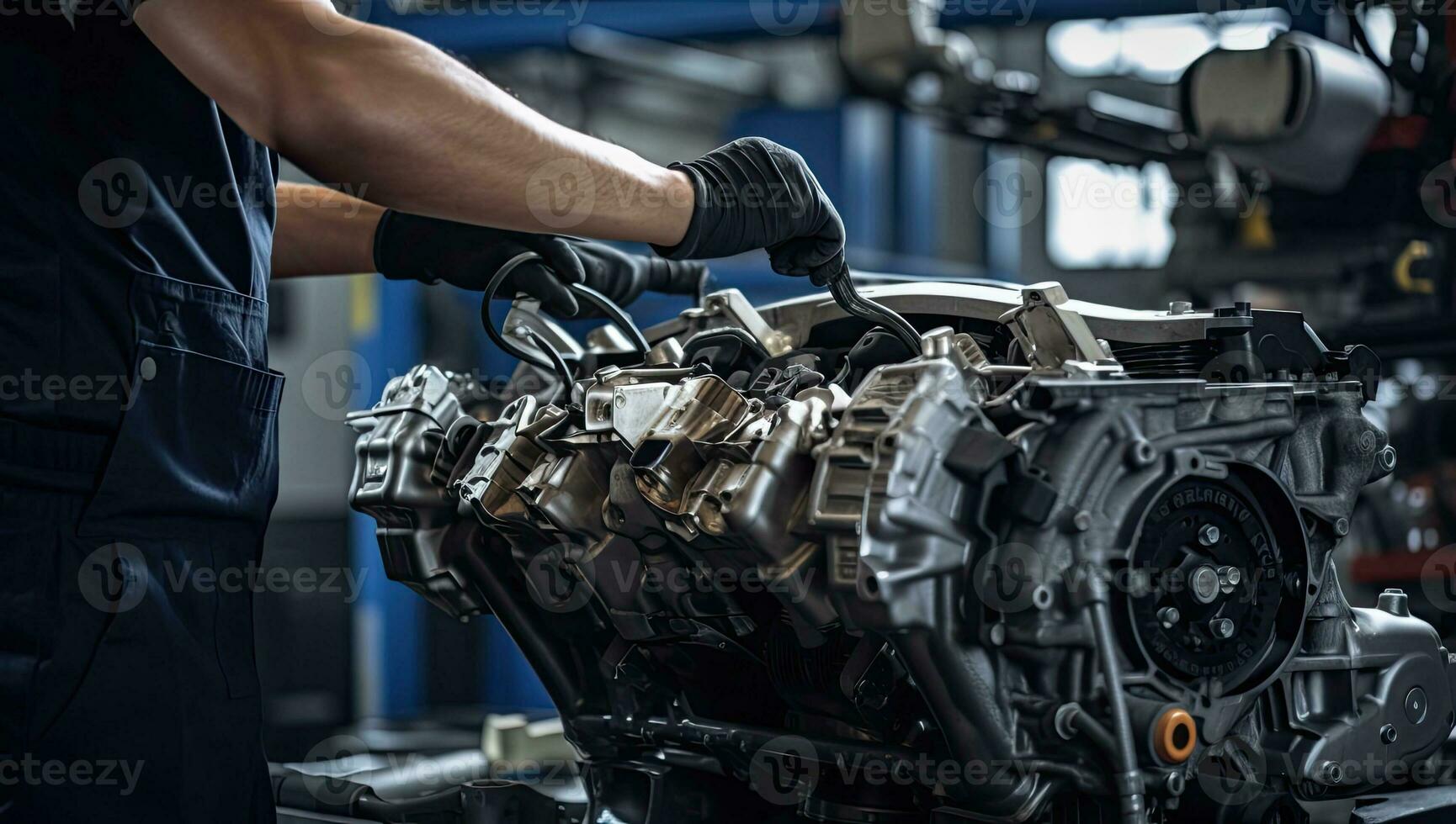 Auto mechanic working on a car engine in auto repair service station. photo