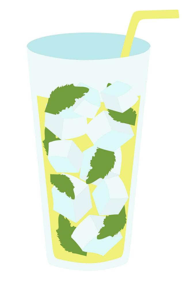 amarillo limonada, plano estilo vector ilustración. verano bebida. plano vector ilustración con jarabe, paja, hielo cubitos, menta en vaso. refrescante frío Fruta beber. gráfico para póster, bandera, volantes.