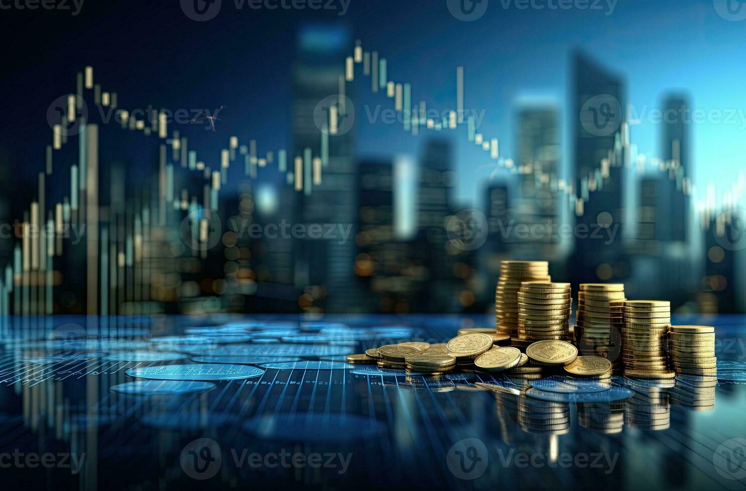 Investment concept, Coins graph stock market on digital screen background. photo