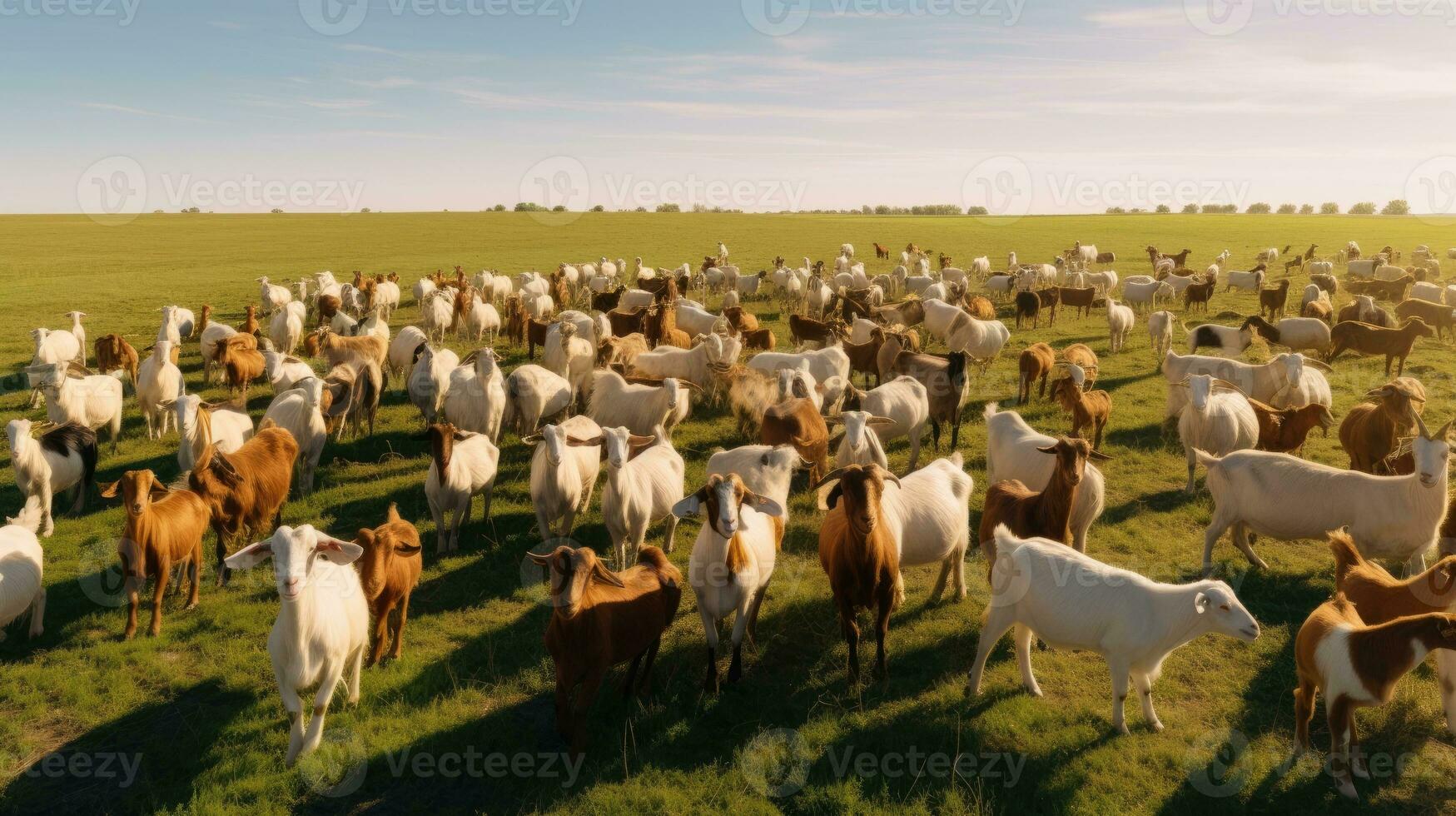 Herd of goats grazing in a green meadow on a sunny day photo