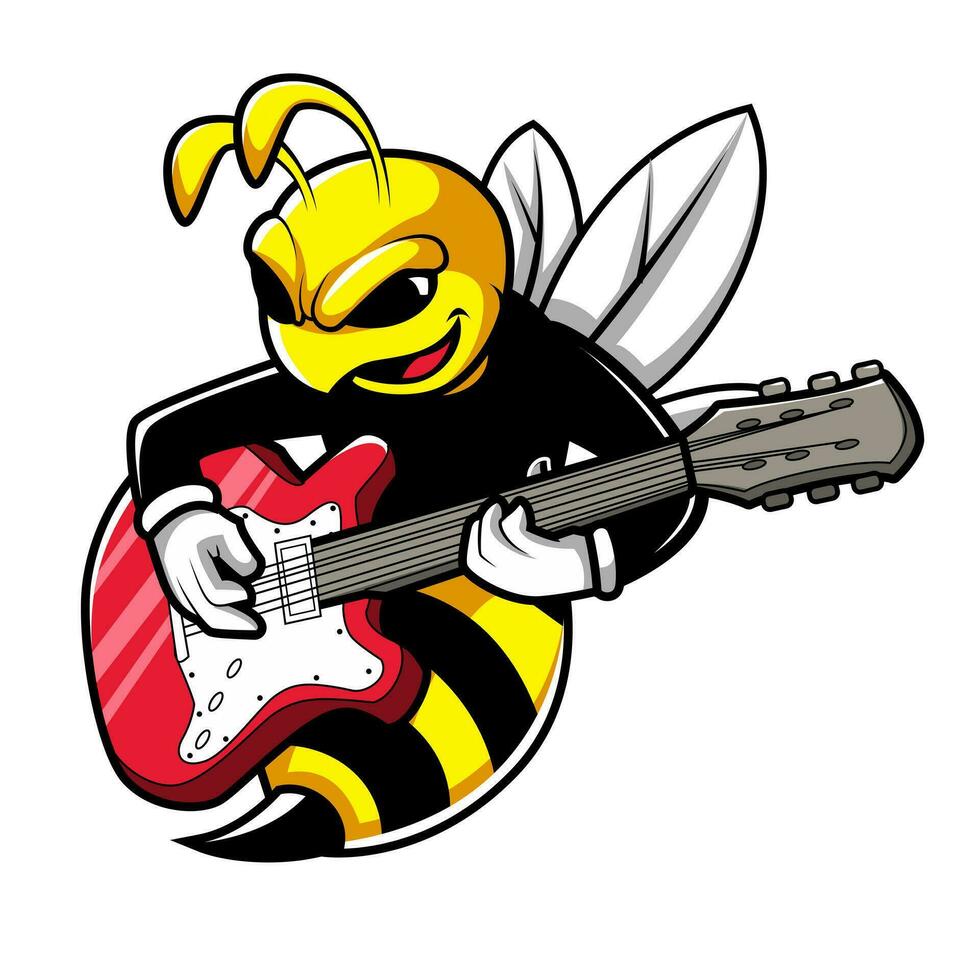 abeja jugando guitarra mascota ilustración vector