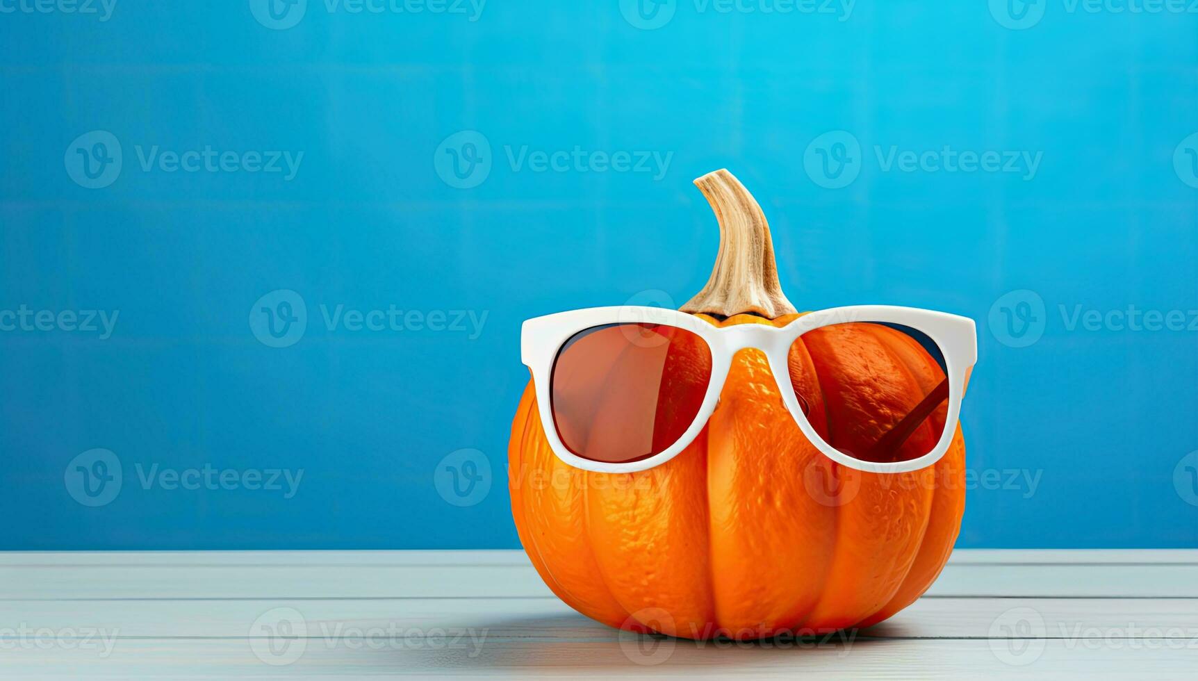 Halloween pumpkin with sunglasses on a blue background. Copy space. photo