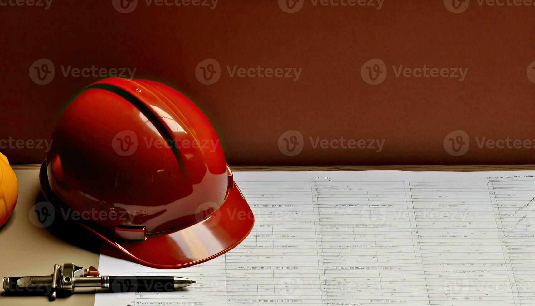 Orange hard hat on the blueprint with copy space for your text. photo