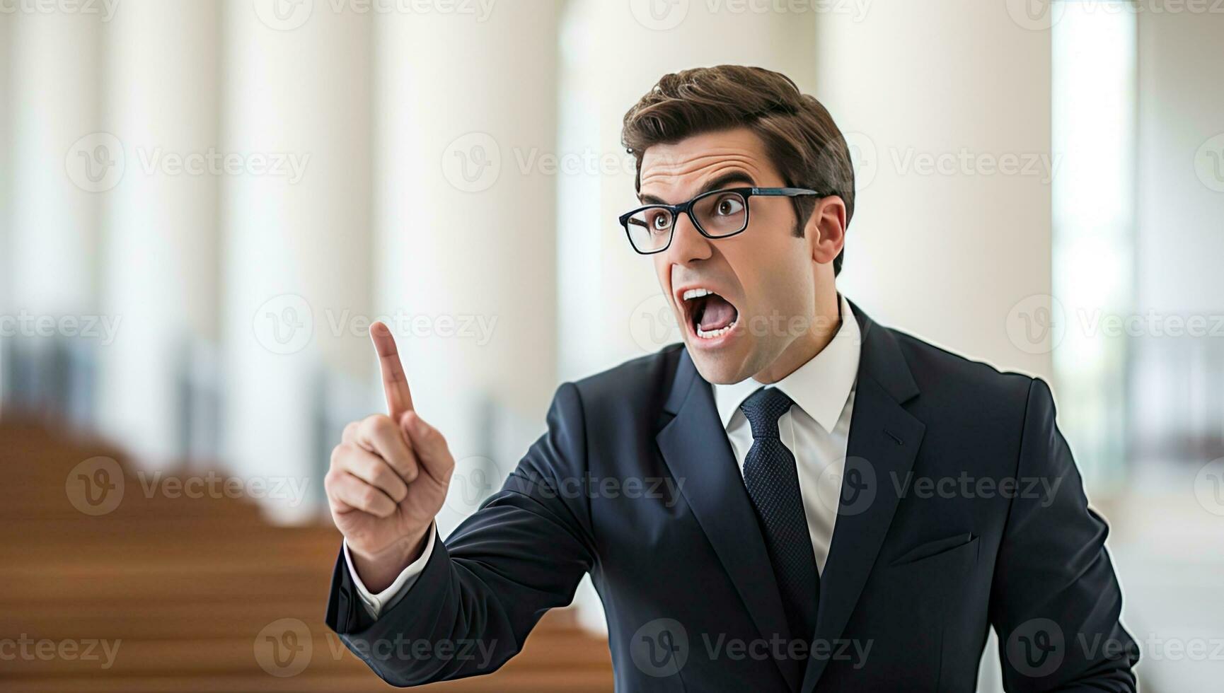 Portrait of a young businessman shouting and pointing at copy space. photo
