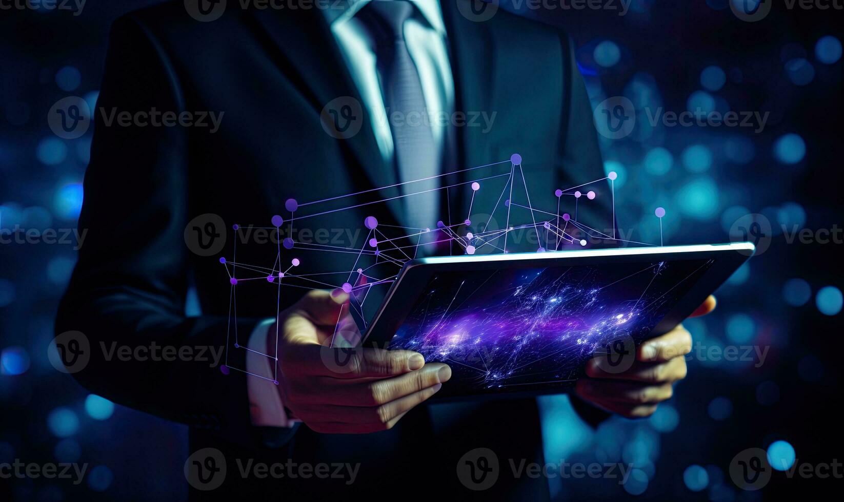 Close up of businessman holding tablet pc with connection concept. Mixed media photo