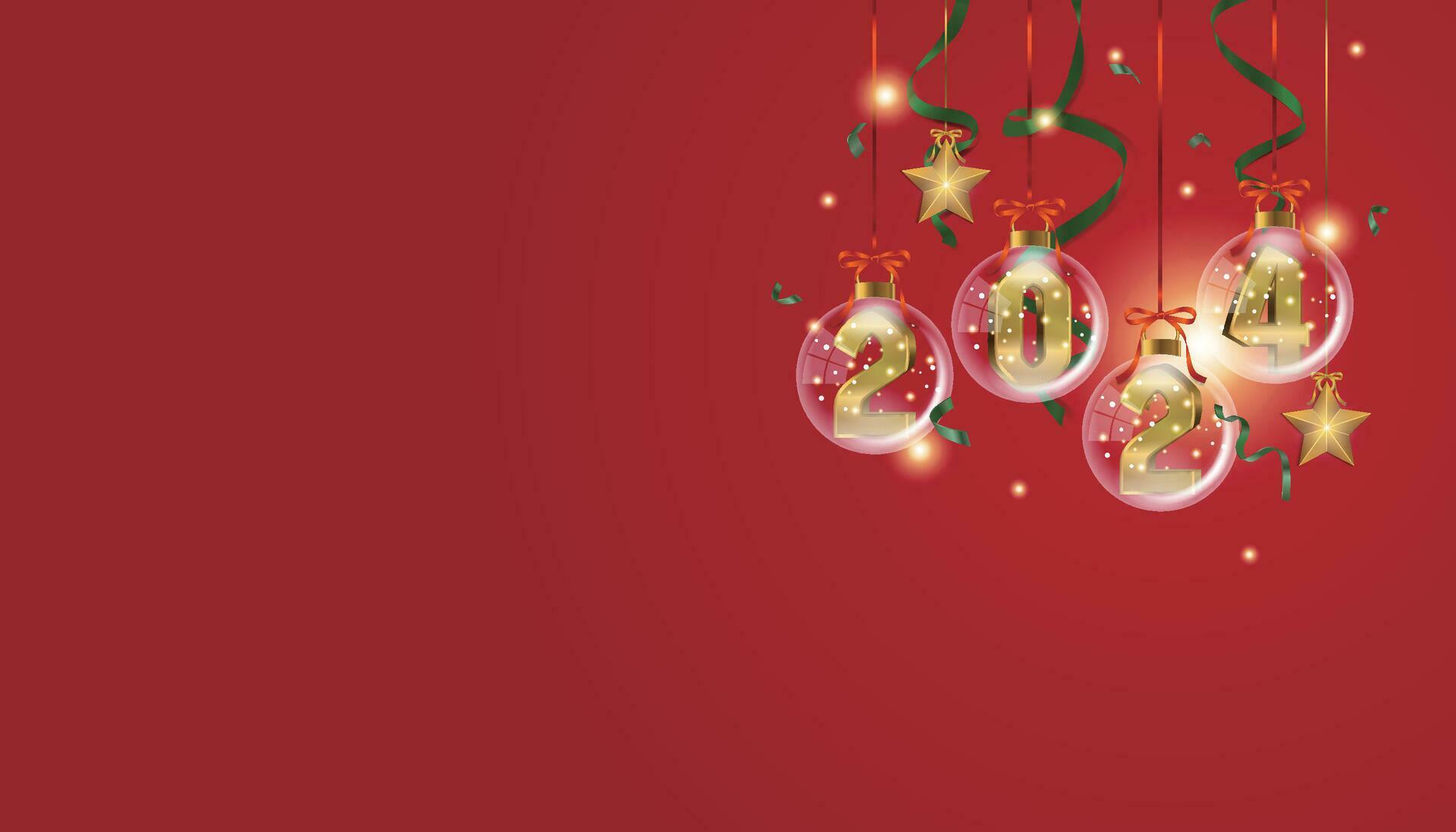 Red 2024 greeting background with transparent Christmas decorations and