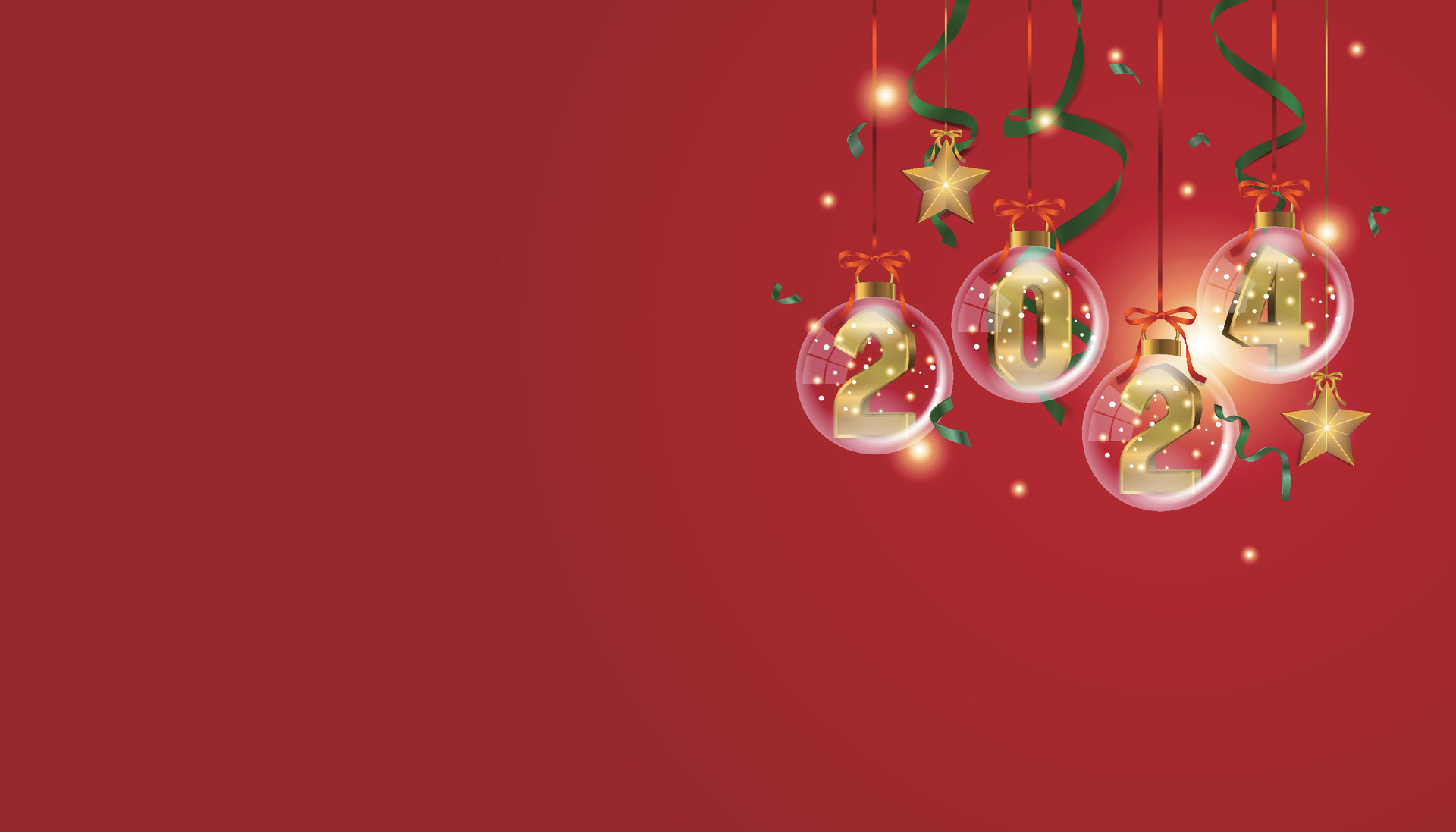 Red 2024 greeting background with transparent Christmas decorations and