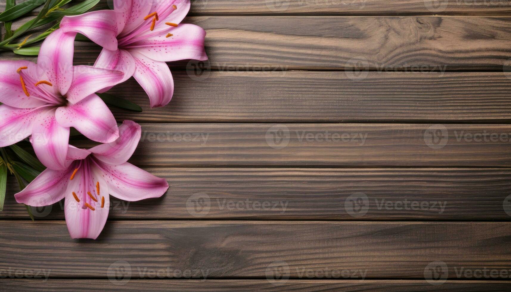 rosado lirio flores en de madera antecedentes. parte superior ver con Copiar espacio foto