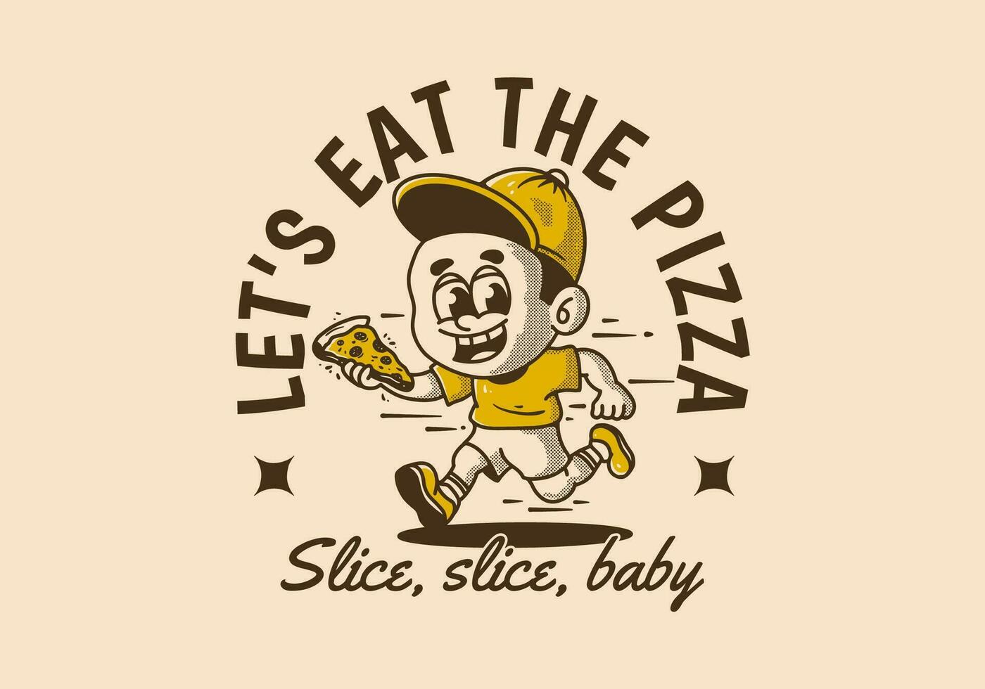 Let's eat the pizza, illustration of a little boy running and holding a slice of pizza vector