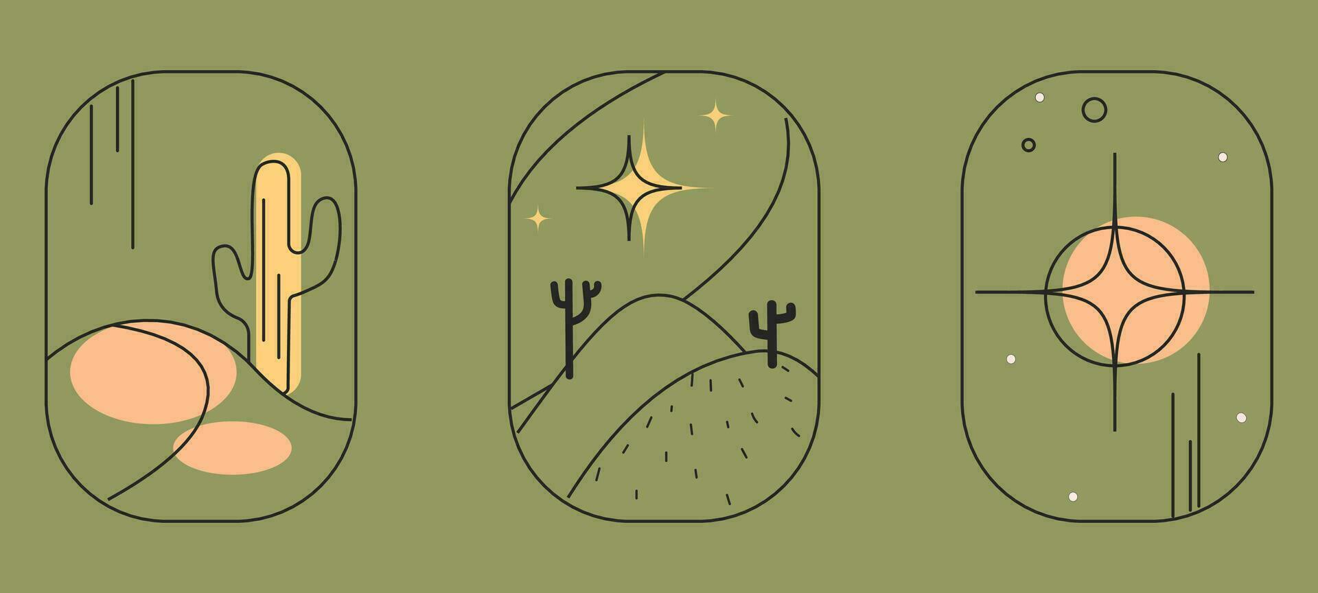 boho paisaje logos conjunto en de moda mínimo estilo. paisaje, cactus, arcos y ventanas diseño plantillas, geométrico resumen diseño elementos para decoración. vector