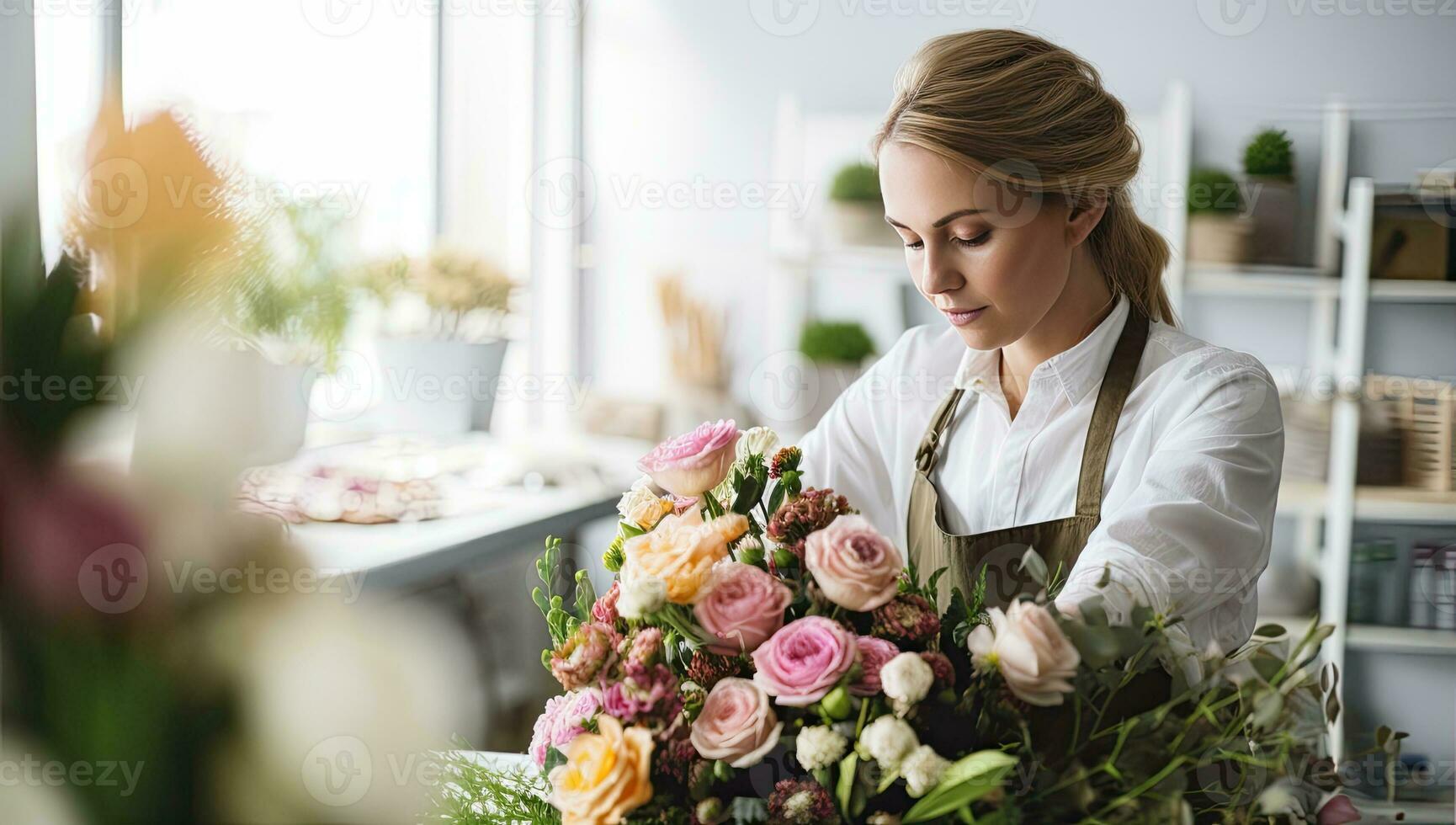 joven florista en delantal haciendo ramo de flores en flor tienda foto