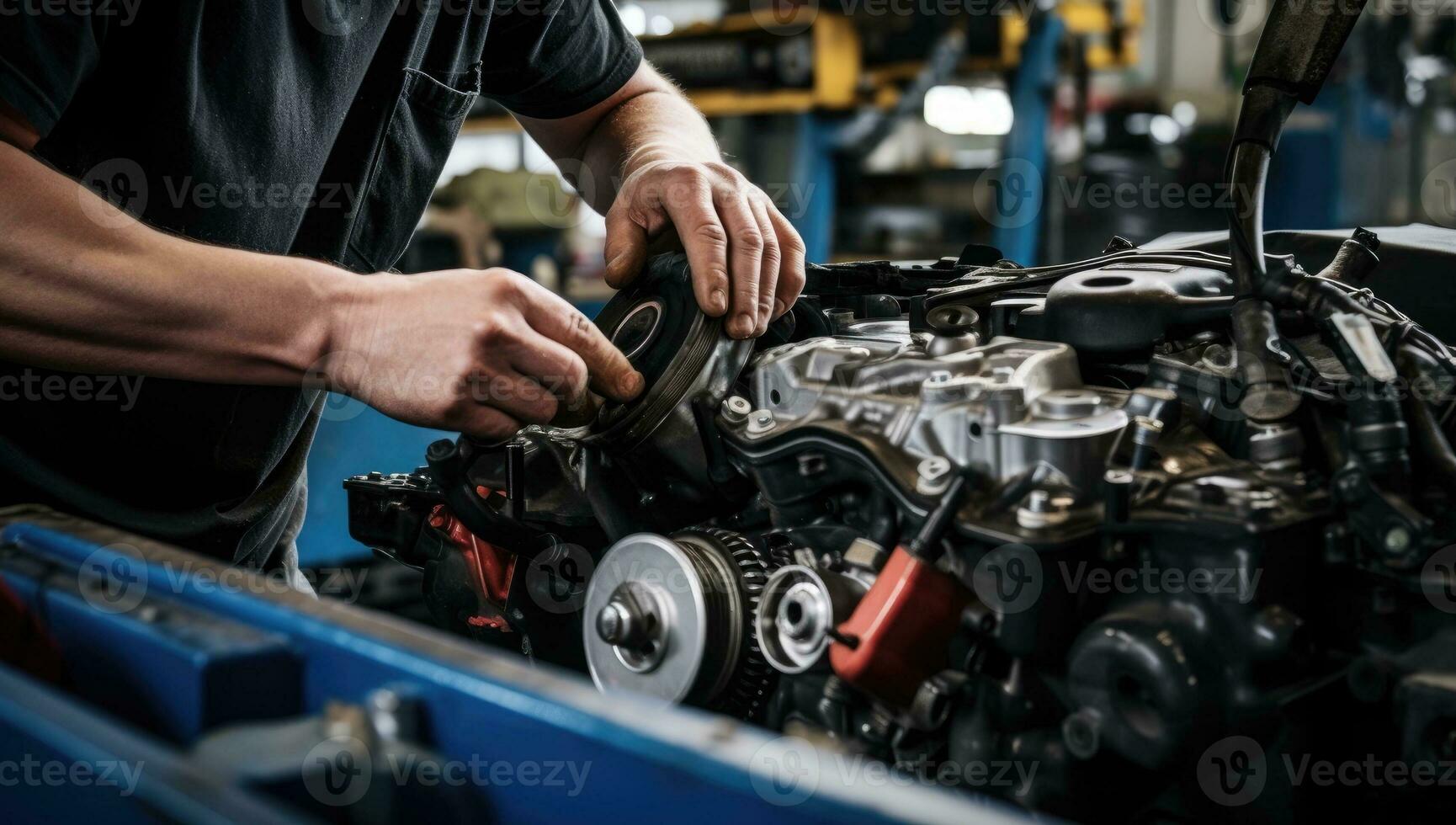 Close-up of mechanic hands repairing car engine in auto repair shop photo