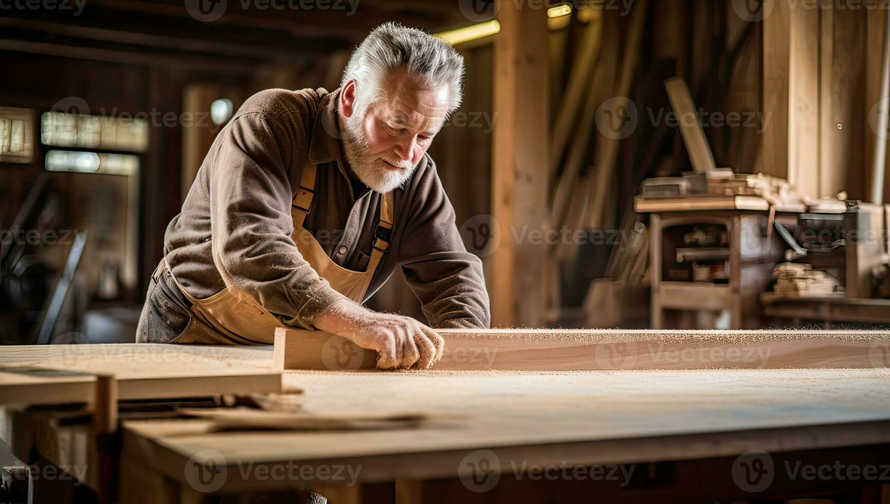 Carpenter working on his craft in a carpentry workshop. photo