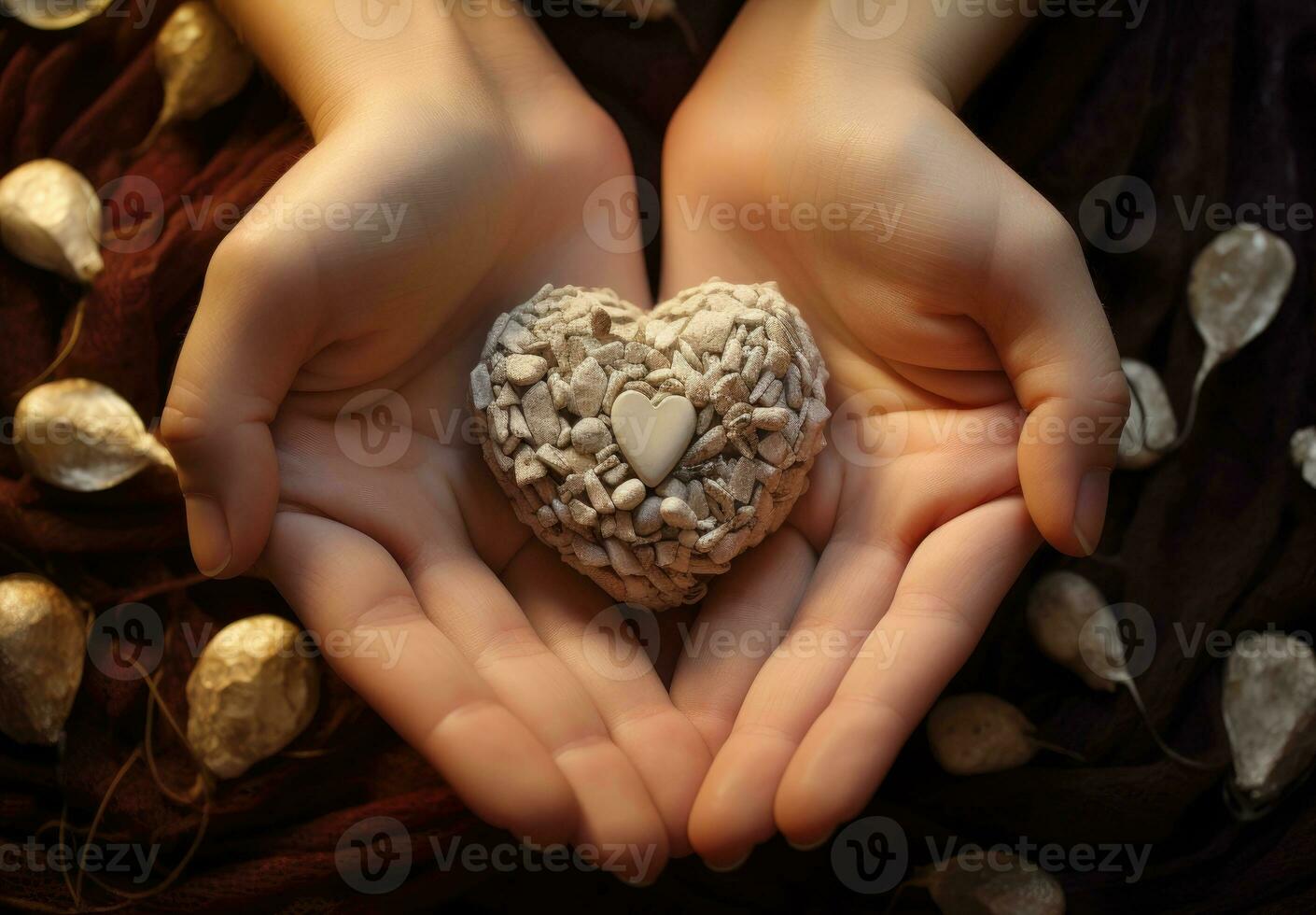 Hands holding a heart in the form of a stone in the form of a flower photo