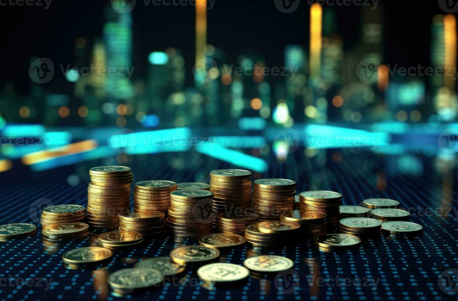 Golden coins stack on bokeh city light background, business finance and banking concept idea. photo