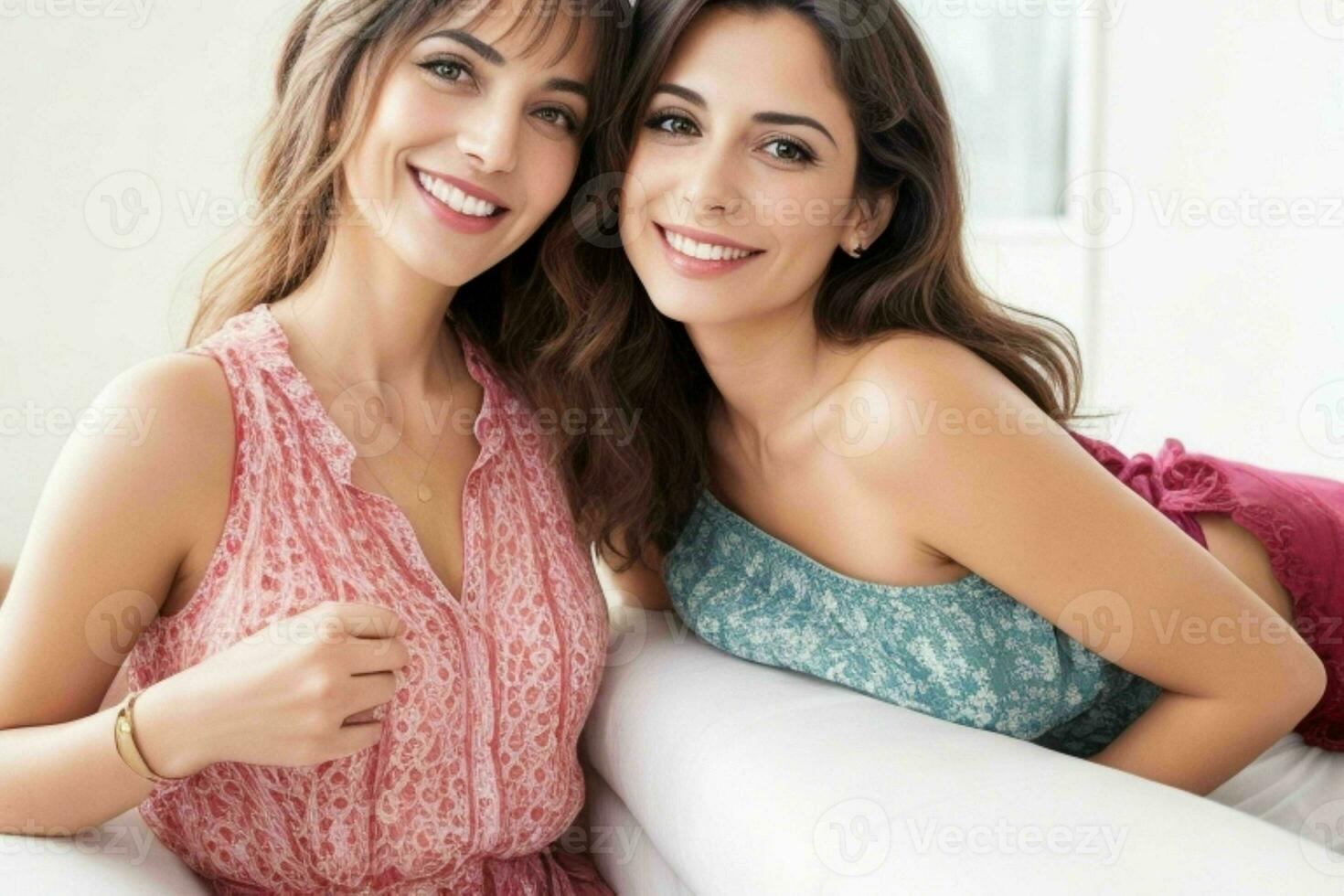 Portrait of happy stunning women at home photo