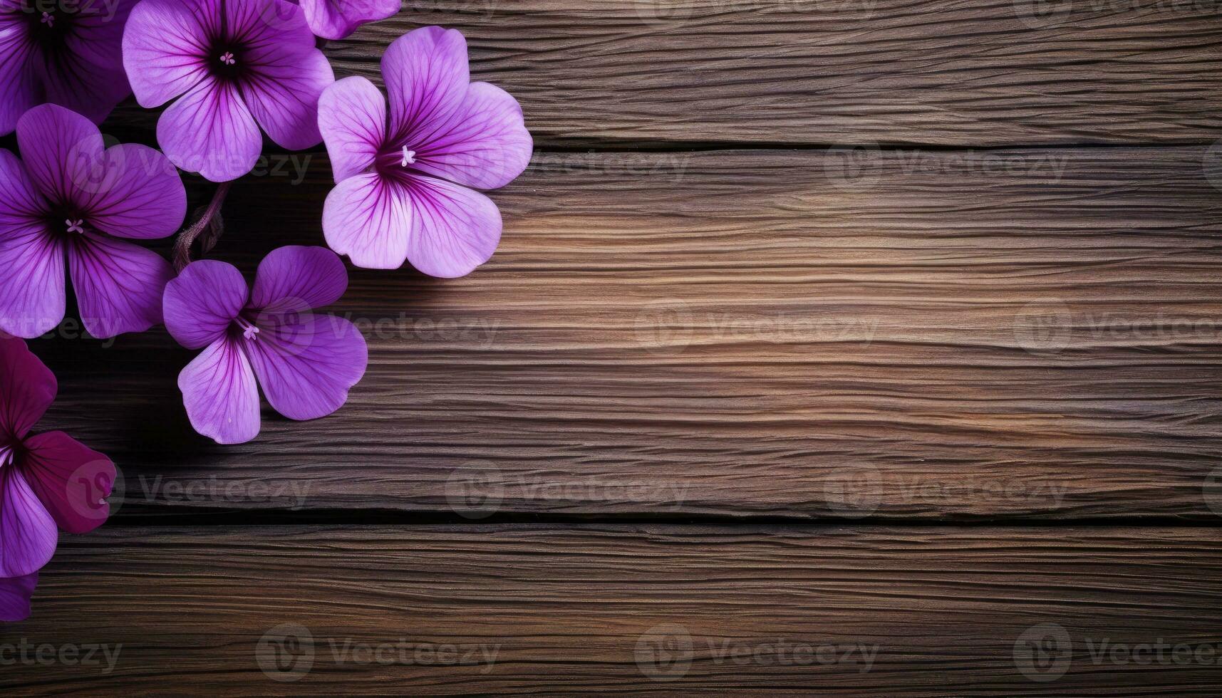 Violet flowers on wooden background. Top view with copy space. photo