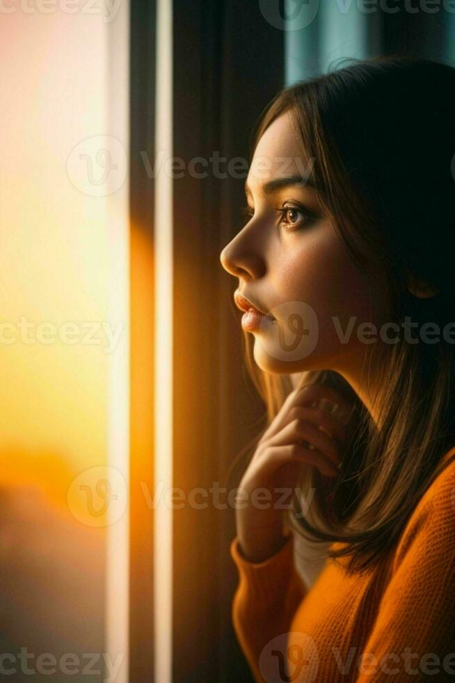 Deprimido solitario mirando mediante el ventana foto