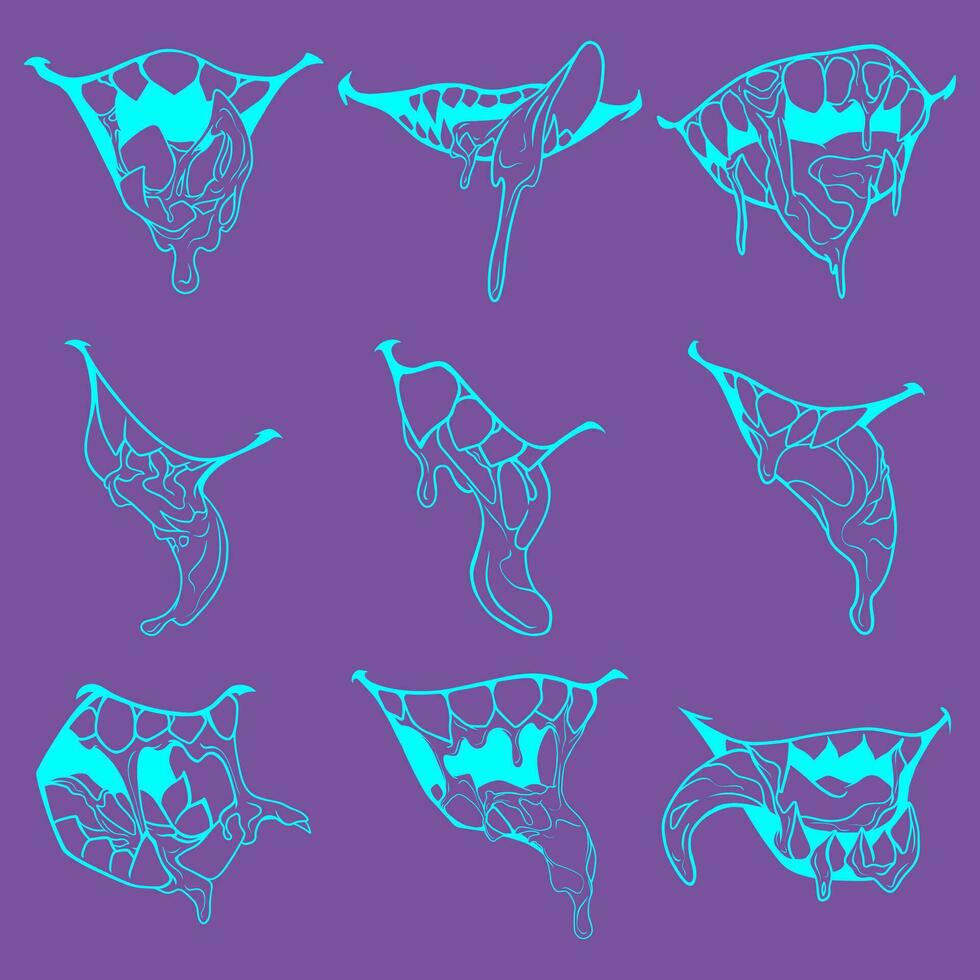 Free vector line art collection of mouth and teeth monster laughing evil and roaring neon theme