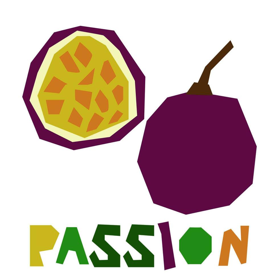 Passion fruit whole and in section, is highlighted on a white background. The original signature is Passion. Juicy summer fruits for organic food packaging. Geometric stylized flat vector illustration