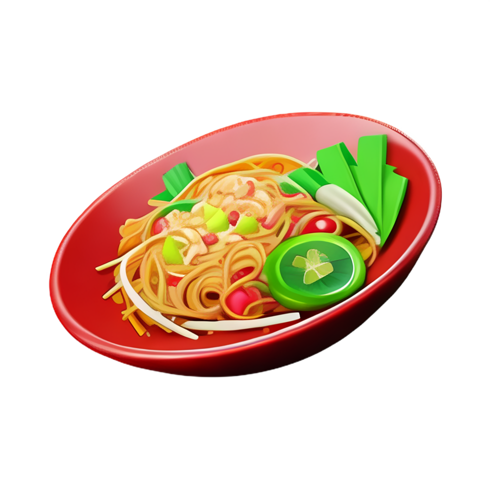 a red bowl with noodles and vegetables on it png