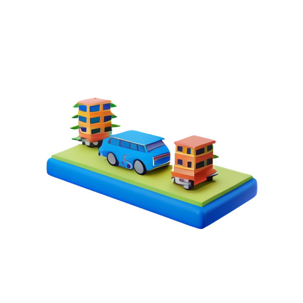 a toy car and a house on a small platform png