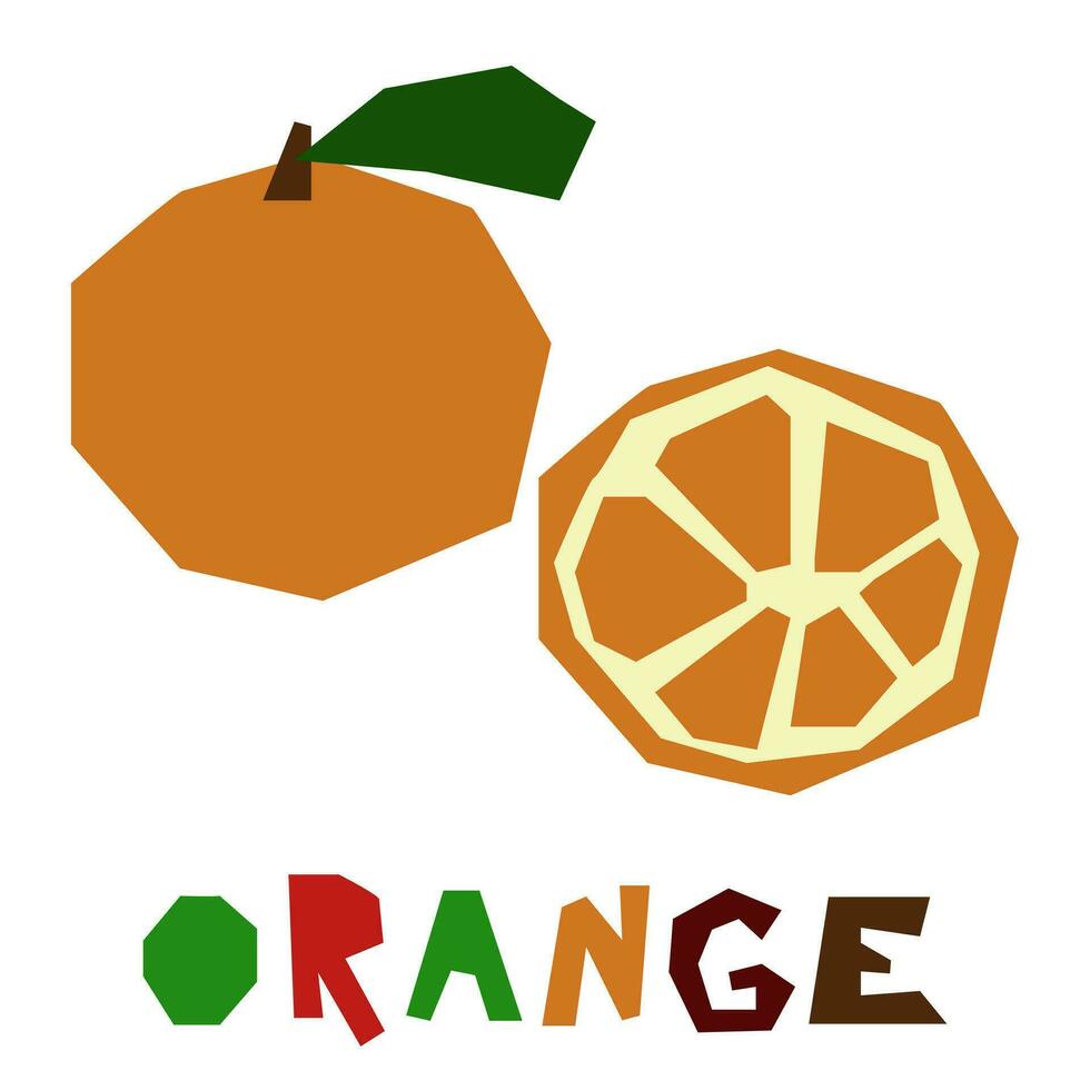 Colored orange, whole and in section, is highlighted on a white background. The original signature is an orange. Juicy summer fruits for organic food packaging. Geometric stylized flat vector