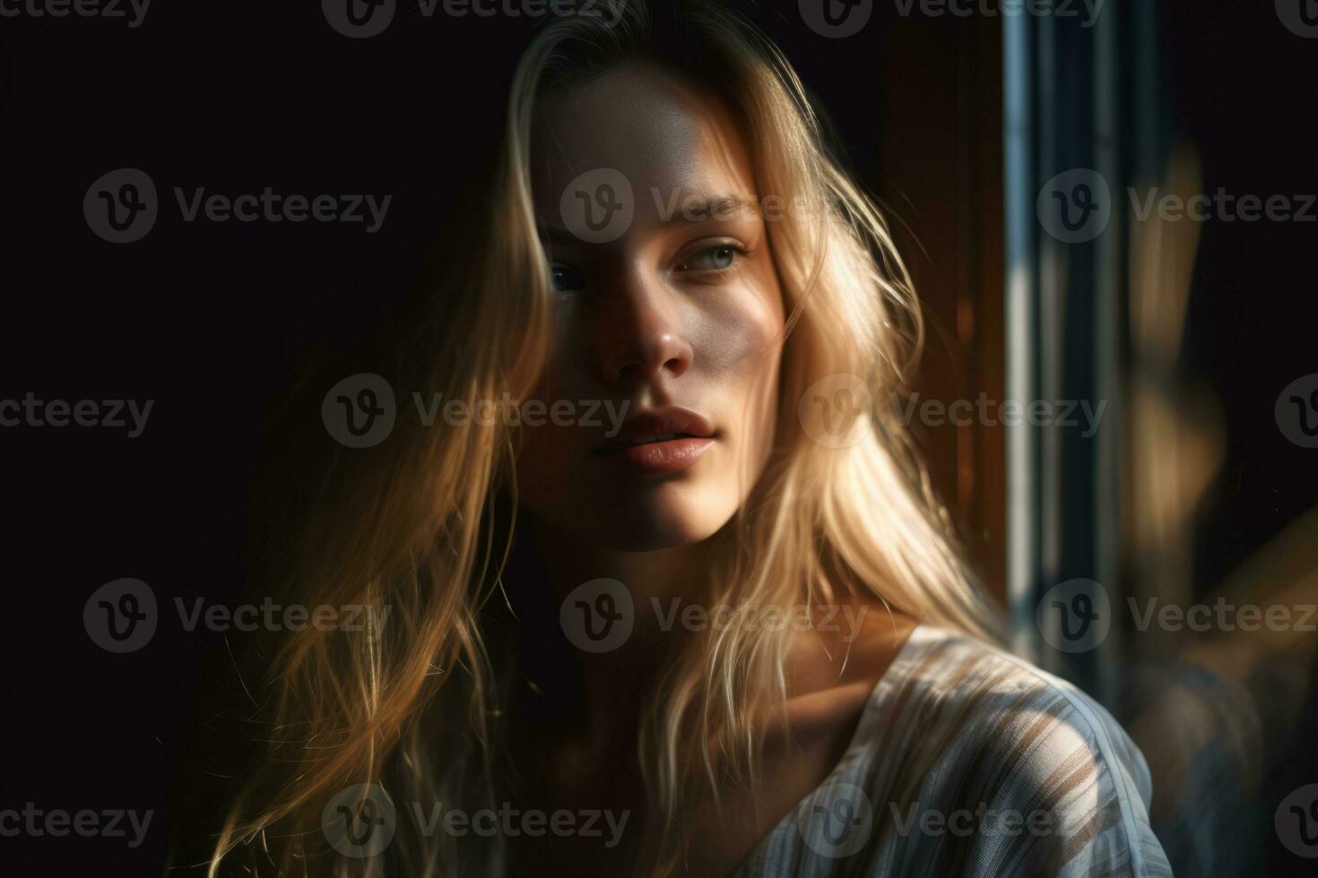 a beautiful blonde woman is looking out the window generative AI photo
