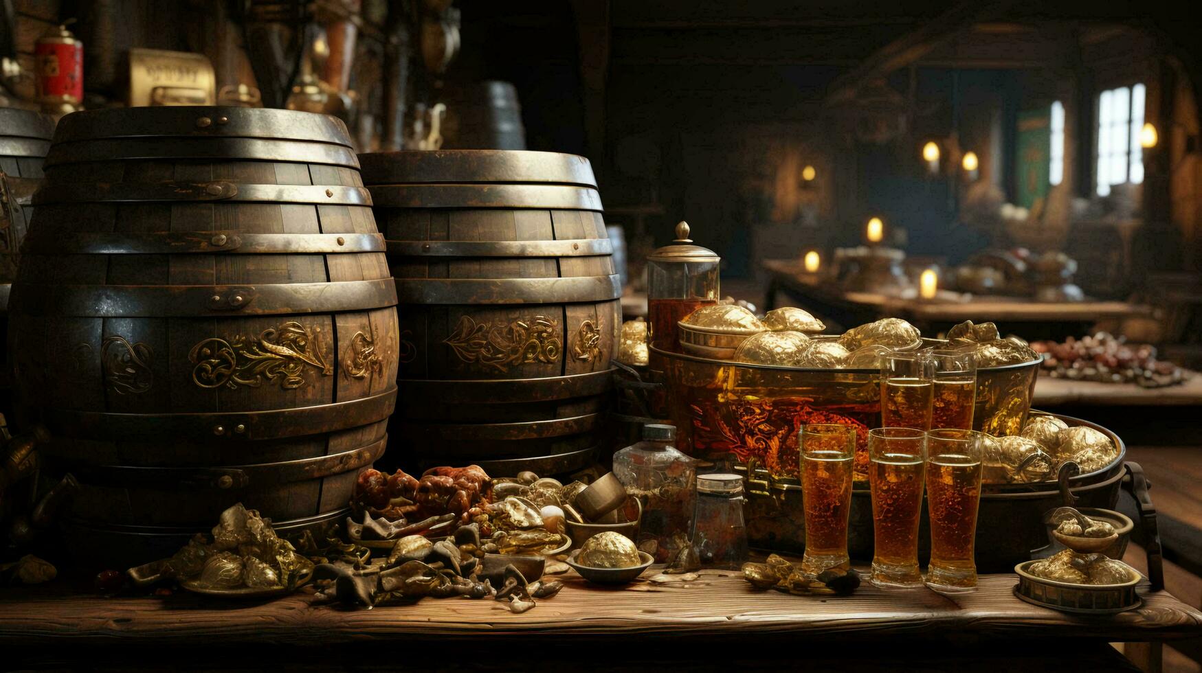 Wooden oak barrels with beer and wine in a wine cellar photo