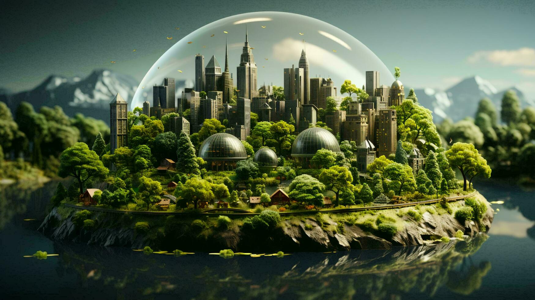 Green environmentally friendly city of the future with many green plants and alternative energy photo