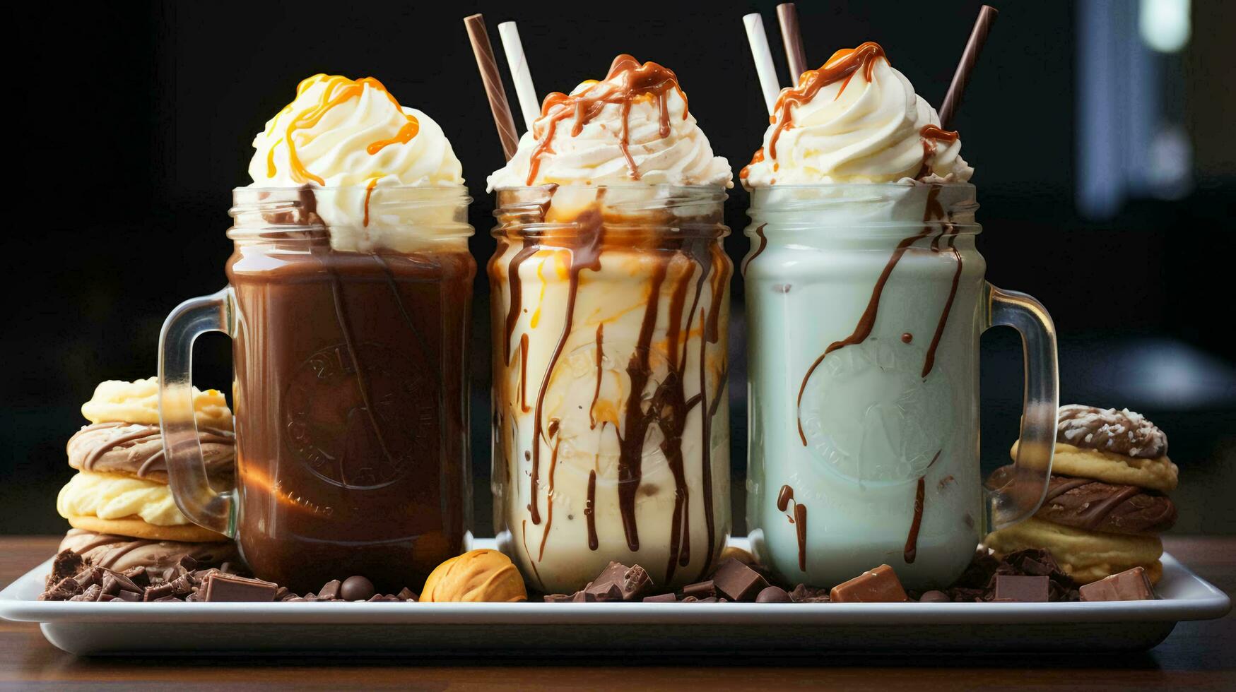 Delicious cooling sweet milkshakes in glasses with straws photo