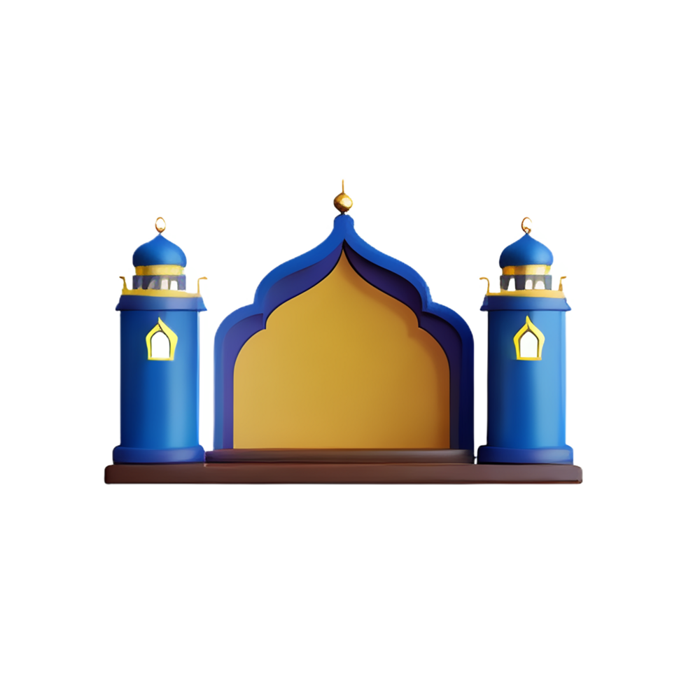 islamic mosque with blue dome and gold minarets png