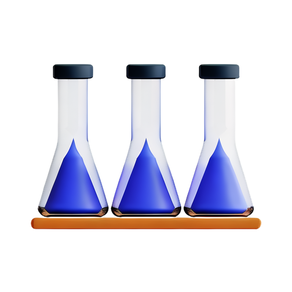 three blue liquid test tubes on a wooden stand png