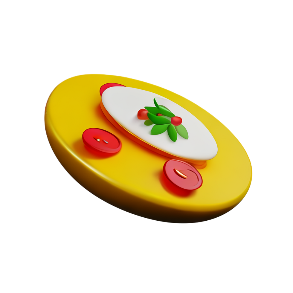 a Omelette yellow plate with a red and green fruit on it png