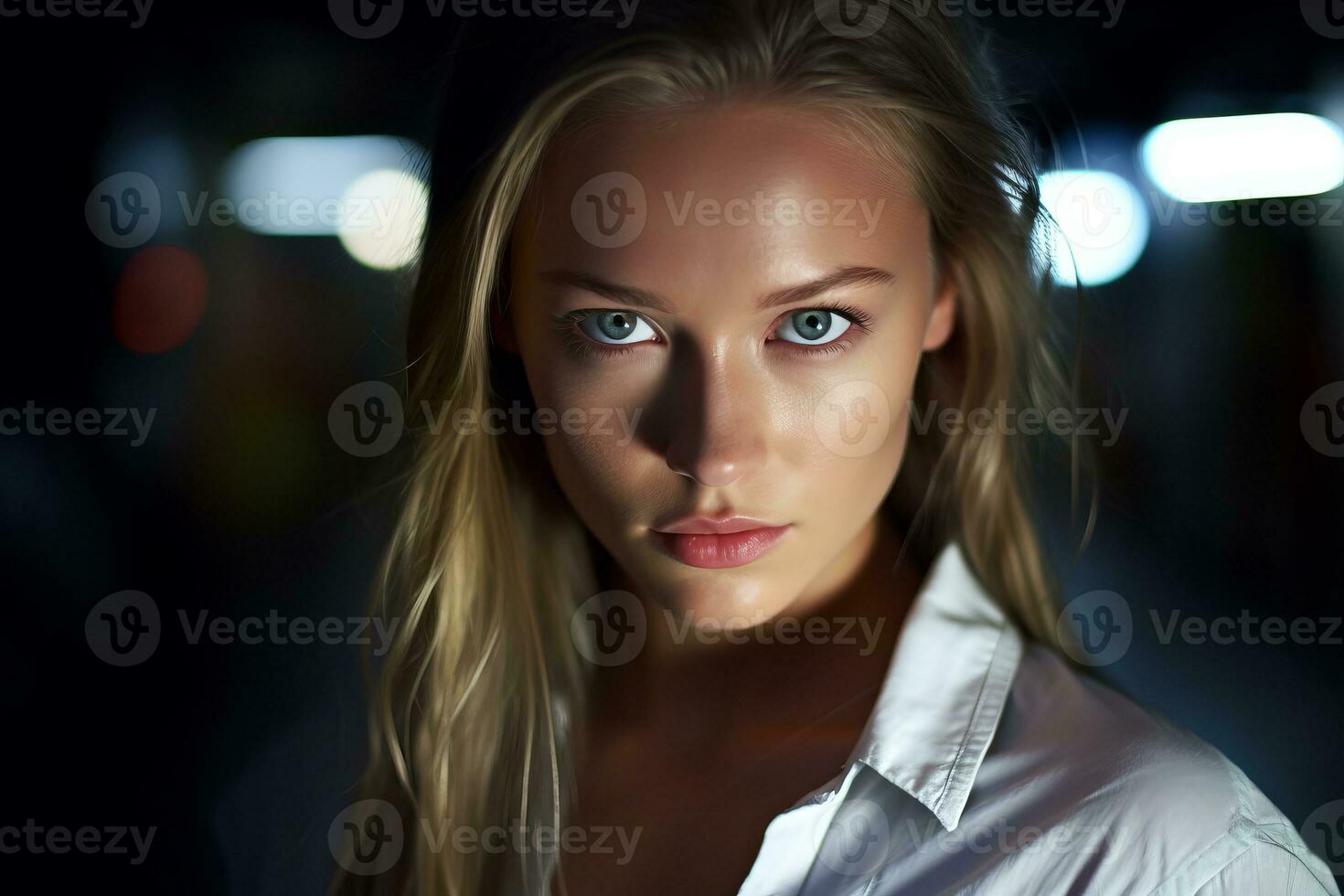 a beautiful blonde woman with blue eyes in the dark generative AI photo