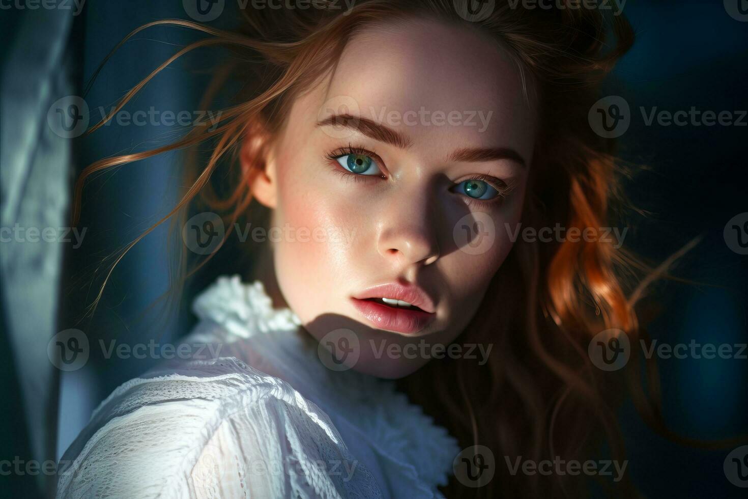 a beautiful woman with blue eyes is posing for the camera generative AI photo