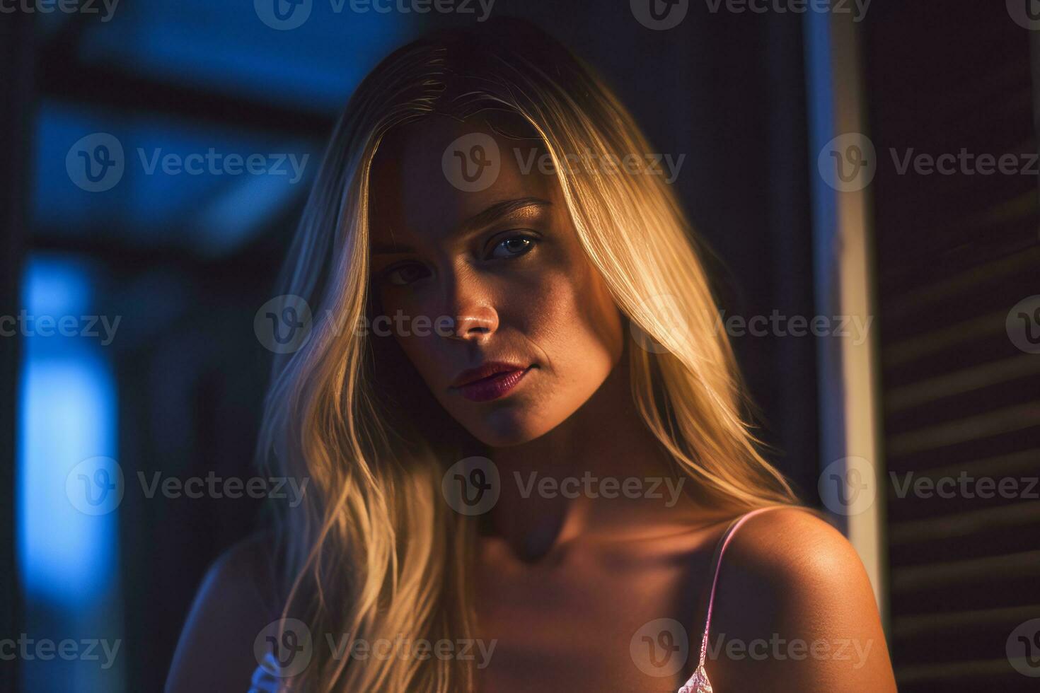 a beautiful blonde woman in a pink dress standing in front of a window generative AI photo