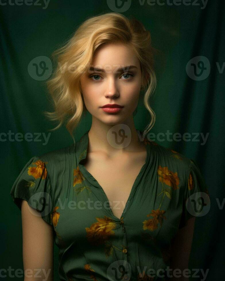 a beautiful blonde woman in a green dress generative AI photo