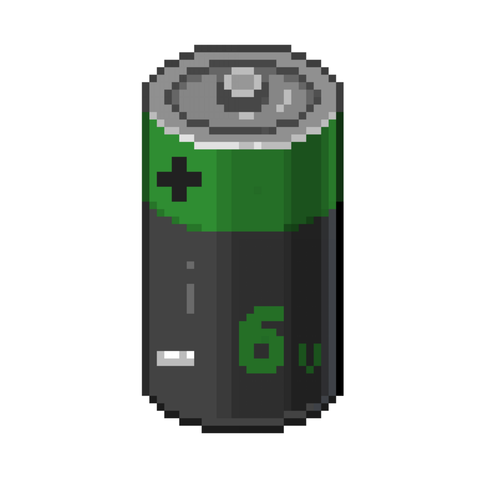 An 8-bit retro-styled pixel-art illustration of a lime green colored battery containing 6 volts. png