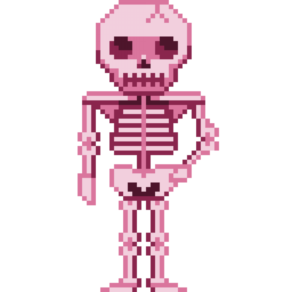An 8-bit retro-styled pixel-art illustration of a pink skeleton. png