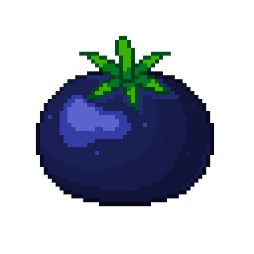 An 8-bit retro-styled pixel-art illustration of a dark blue tomato with a leafy green stem. png