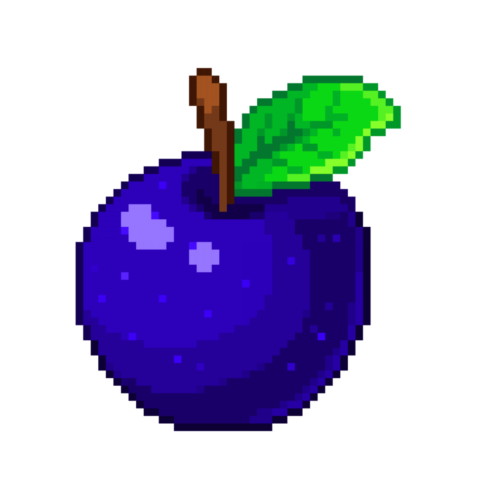 An 8-bit retro-styled pixel-art illustration of a dark blue apple with a dark green stem. png
