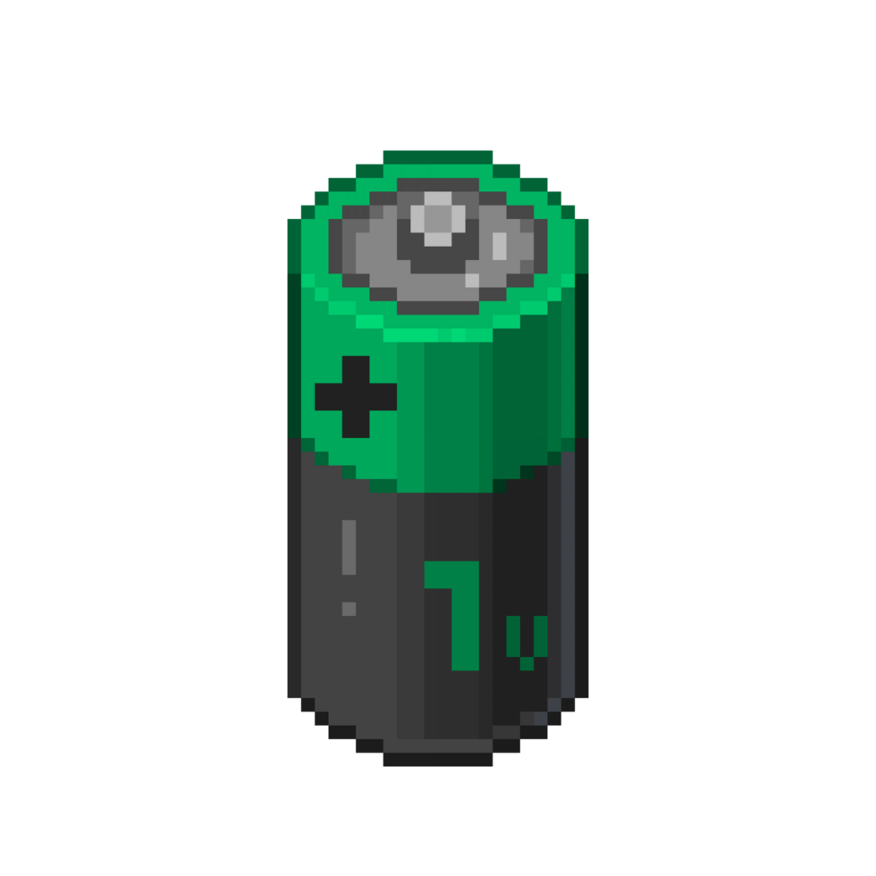 An 8-bit retro-styled pixel-art illustration of a dark green battery containing 1 volt. png