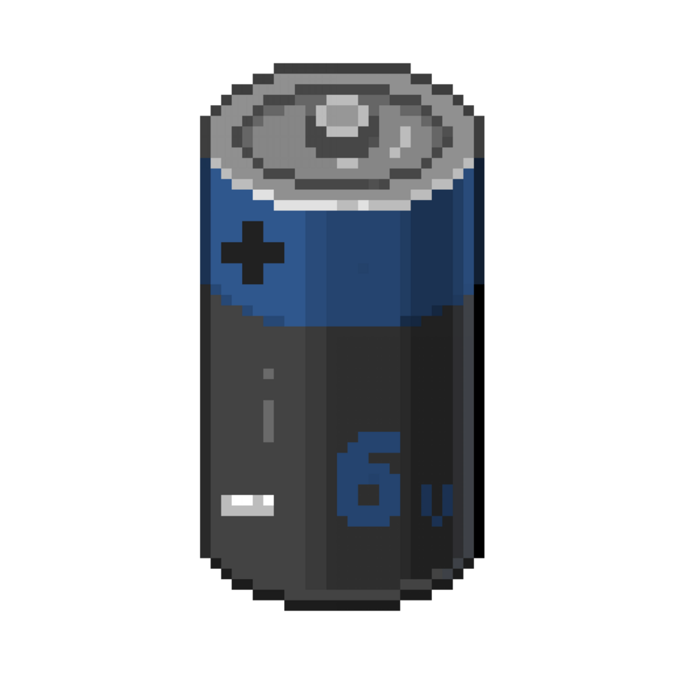 An 8-bit retro-styled pixel-art illustration of a blue battery containing 6 volts. png