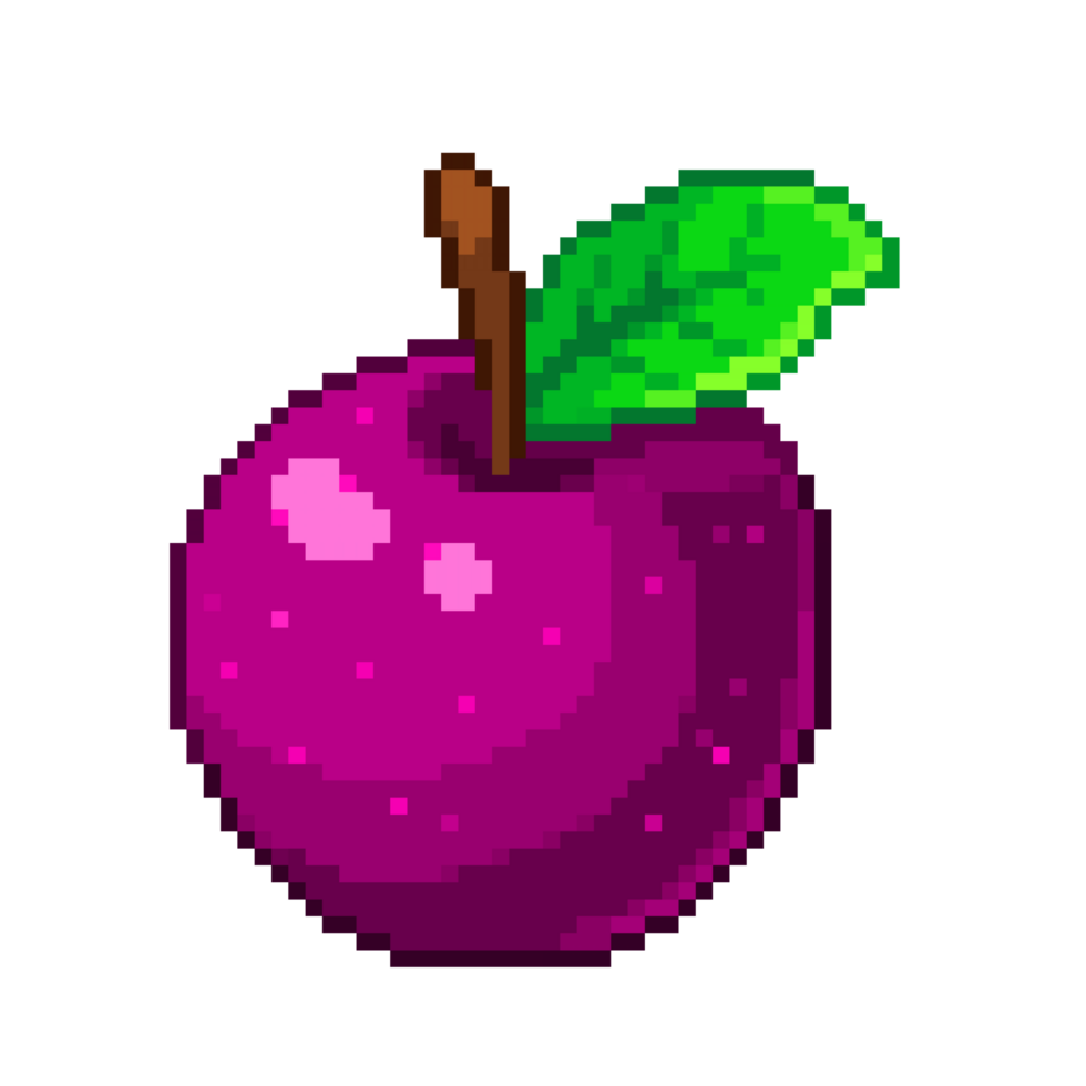 An 8-bit retro-styled pixel-art illustration of a pink apple with a dark green stem. png