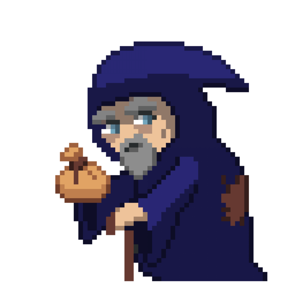 An 8-bit retro-styled pixel-art illustration of a merchant wearing a blue robe. png
