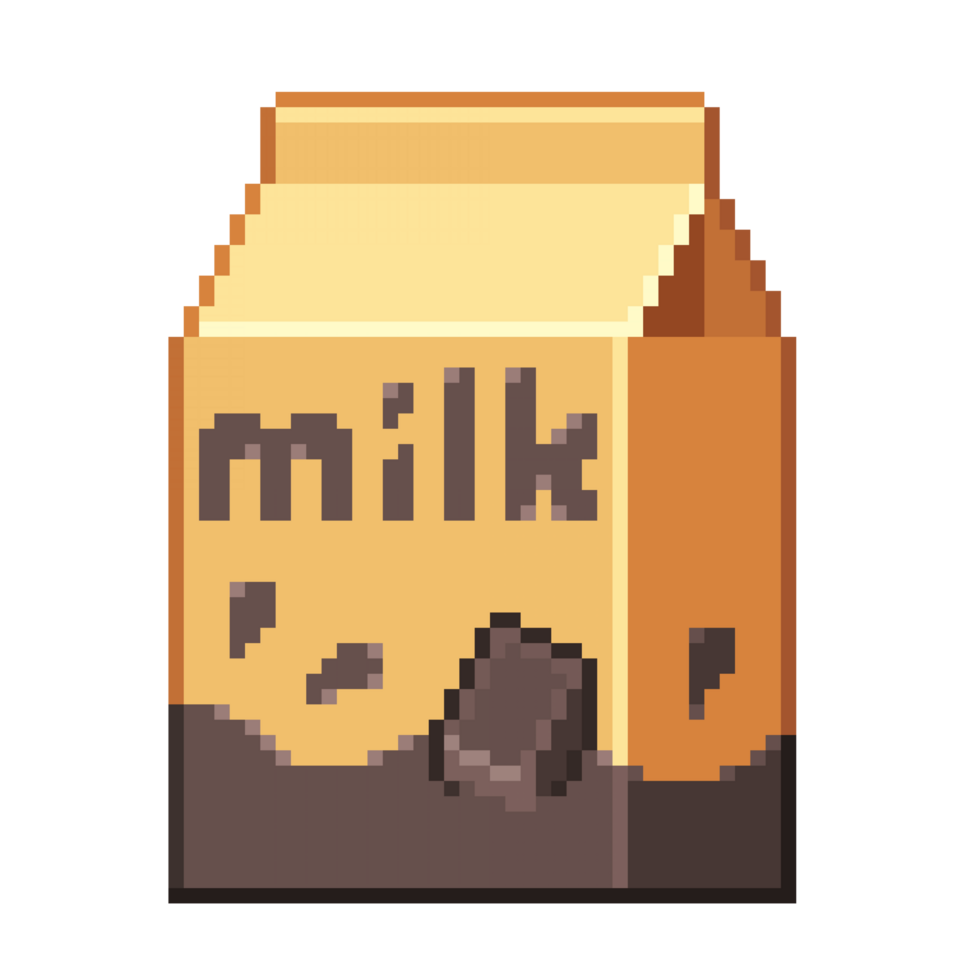 An 8-bit retro-styled pixel-art illustration of a dark gray chocolate milk carton. png