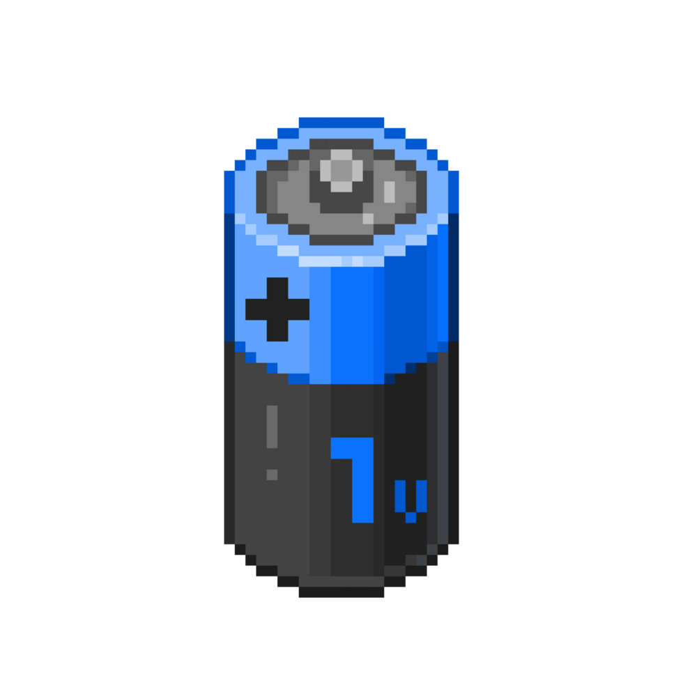 An 8-bit retro-styled pixel-art illustration of a blue 1 volt battery. png