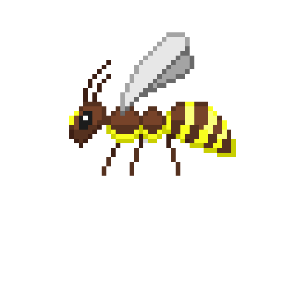 An 8-bit retro-styled pixel-art illustration of a bumble bee with bright yellow stripes. png