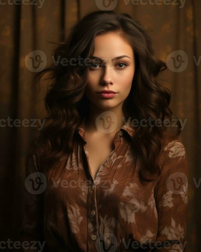 a beautiful young woman in a brown shirt posing for the camera generative AI photo